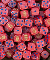 Pile of red 16mm D6 dice with gold kin sigils for a sci-fi dwarf army