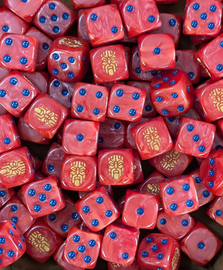 Pile of red 16mm D6 dice with gold kin sigils for a sci-fi dwarf army