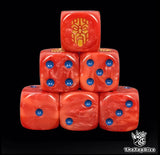 Red 16mm D6 dice with a gold kin emblem and blue pips for sci-fi wargaming