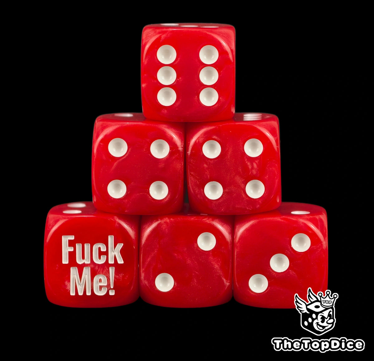 Six bright red meme D6 stacked, white pips and a Fuck Me face