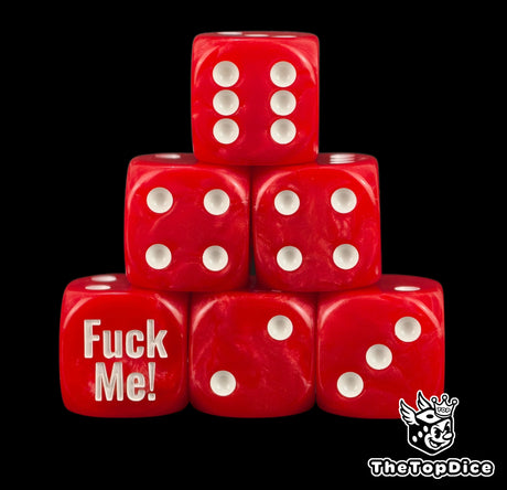 Six bright red meme D6 stacked, white pips and a Fuck Me face