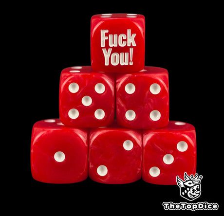 Six bright red meme D6 stacked, white pips and a Fuck You face
