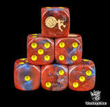 Red and blue 16mm D6 counter dice with a giant fist emblem for anime pirate TCG