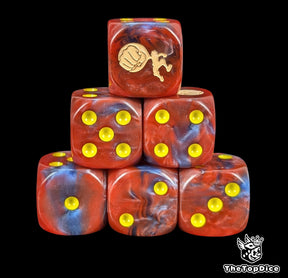 Red and blue 16mm D6 counter dice with a giant fist emblem for anime pirate TCG