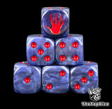 Six steel blue Night Lords D6 stacked, red pips and a red hand print