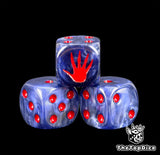 Three blue Night Lords dice with red pips and a red hand print