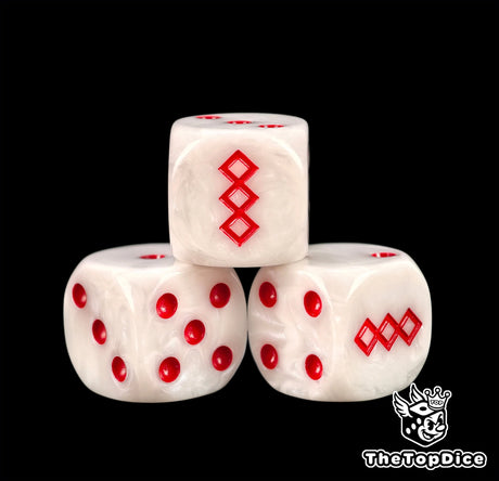 Three white Apothecary dice with red pips and a red helix emblem