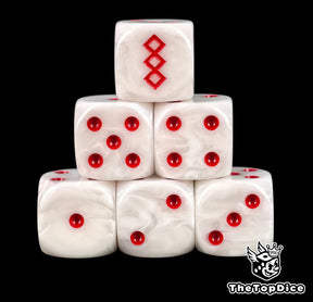 Six white Apothecary D6 stacked, red pips and the red marine helix