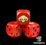 Close up of a red 16mm resin D6 die engraved with a bone horned skull and black pips
