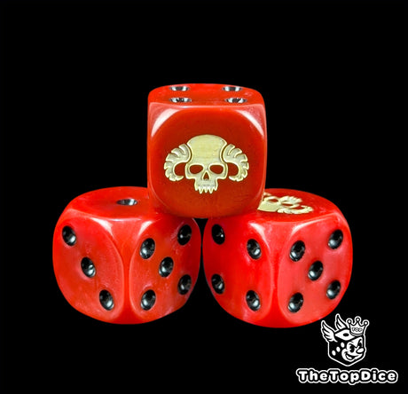 Close up of a red 16mm resin D6 die engraved with a bone horned skull and black pips