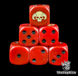 Red 16mm D6 dice with a bone horned skull emblem and black pips for sci-fi wargaming