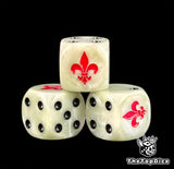 Three bone white Battle Sisters dice with a red fleur de lis