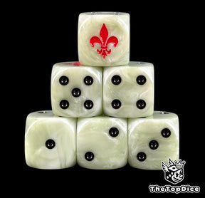 Six ivory Sororitas D6 stacked, black pips and a red fleur de lis