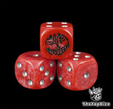 Close up of a red 16mm resin D6 die engraved with a black pirate emblem and silver pips