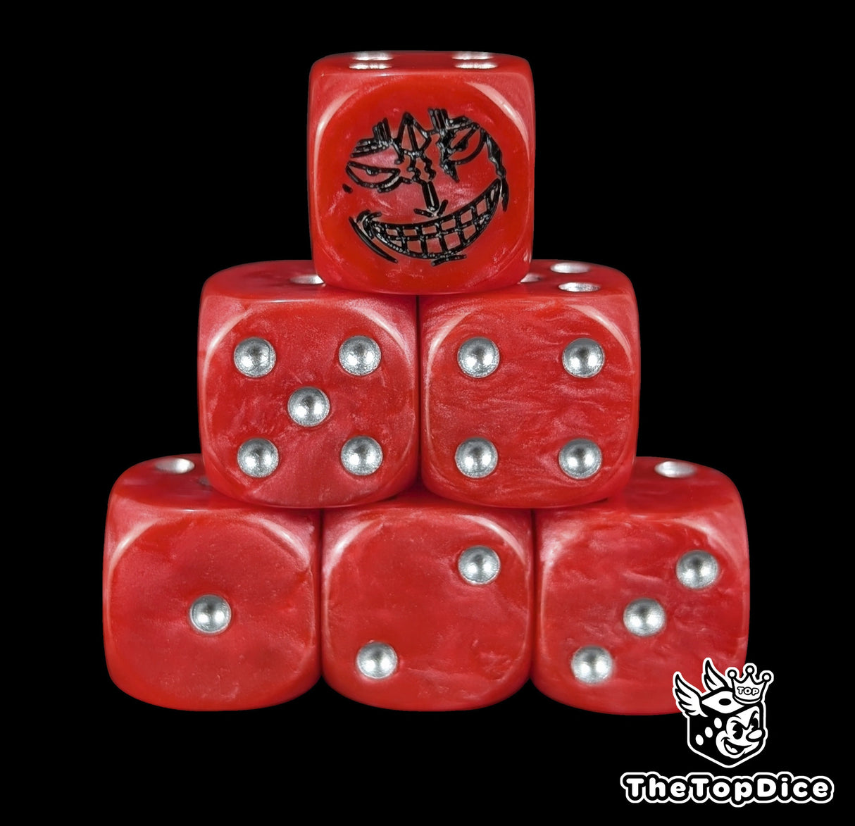 Red 16mm D6 counter dice with a black pirate emblem and silver pips for anime pirate TCG