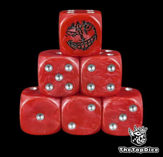 Red 16mm D6 counter dice with a black pirate emblem and silver pips for anime pirate TCG