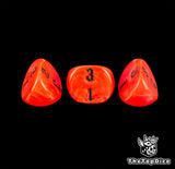 The black engraving on three neon red 16mm three sided dice, up close