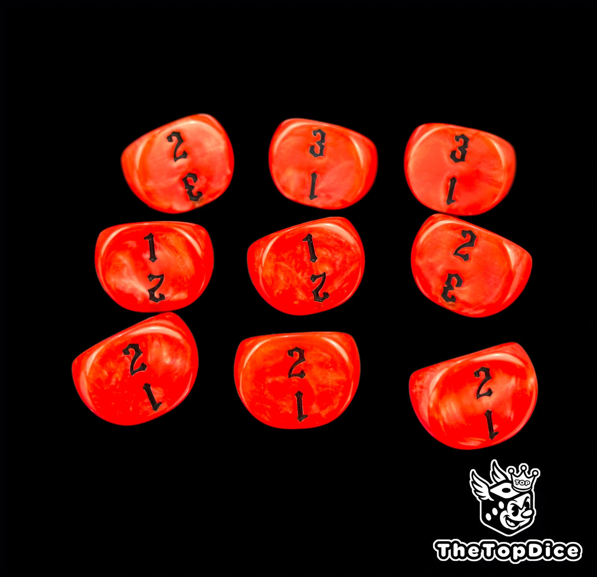 Bright neon red D3 dice, nine of them, numbers inked in black