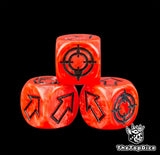 Black holding its line against neon red on three dice photographed up close