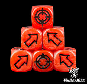 Neon red scatter dice built into a pyramid of six, black arrows cut straight over the body