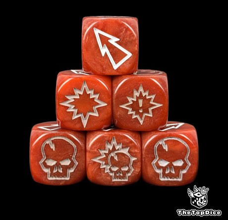 Close up of three red 16mm block dice with white pips for resolving blocks