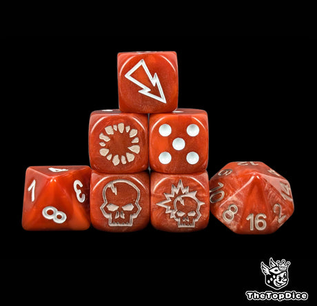Red ogre fantasy football dice set of seven 16mm resin dice compatible with Blood Bowl