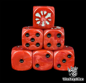 Red resin D6 dice with a white ogre maw and black pips