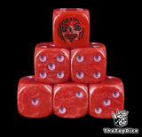 Red 16mm D6 counter dice with a black warrior emblem and purple pips for anime pirate TCG