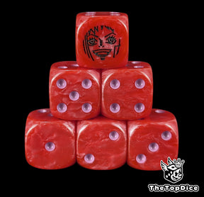 Red 16mm D6 counter dice with a black warrior emblem and purple pips for anime pirate TCG