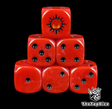 Red 16mm D6 dice with a black ork glyph and yellow fangs emblem and black pips for sci-fi wargaming