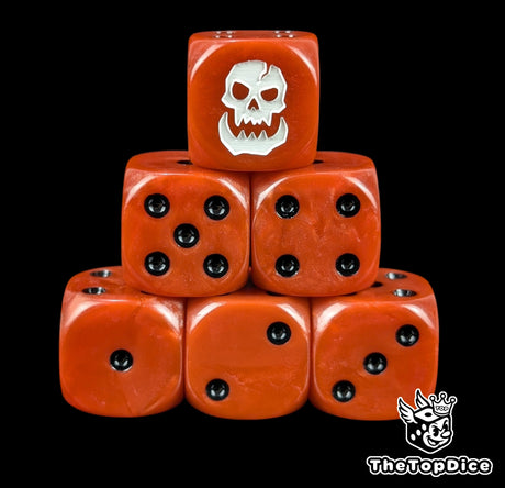 Red 16mm D6 dice with a white ork skull emblem and black pips for sci-fi wargaming