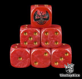 Red 16mm D6 counter dice with a black pirate king emblem and gold pips for anime pirate TCG