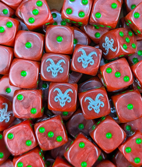 Pile of red rat face 16mm D6 dice for a fantasy ratmen horde