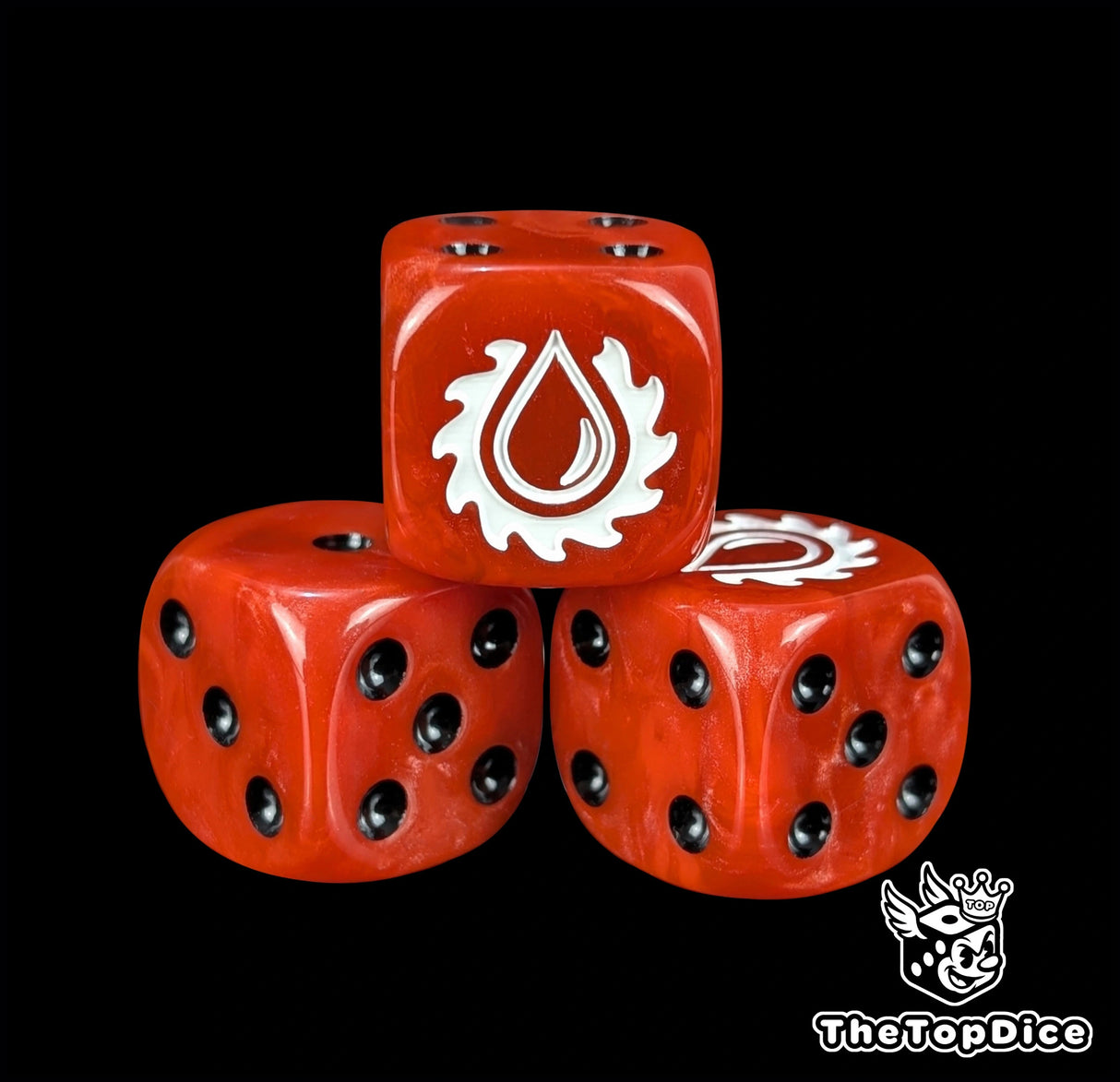 Close up of a red 16mm resin D6 die engraved with a white blood drop and saw and black pips