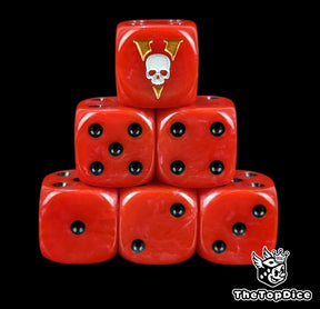 Red 16mm D6 dice with a white skull and gold blade emblem and black pips for sci-fi wargaming
