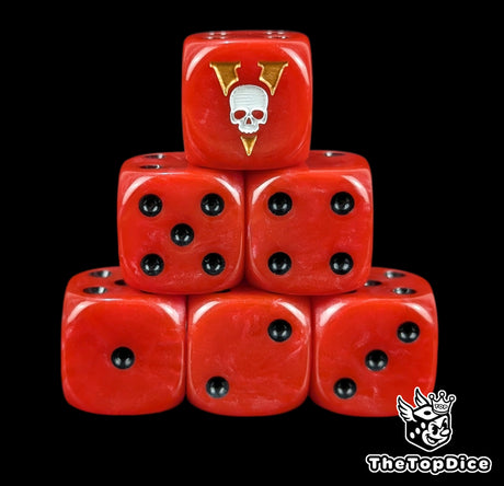 Red 16mm D6 dice with a white skull and gold blade emblem and black pips for sci-fi wargaming