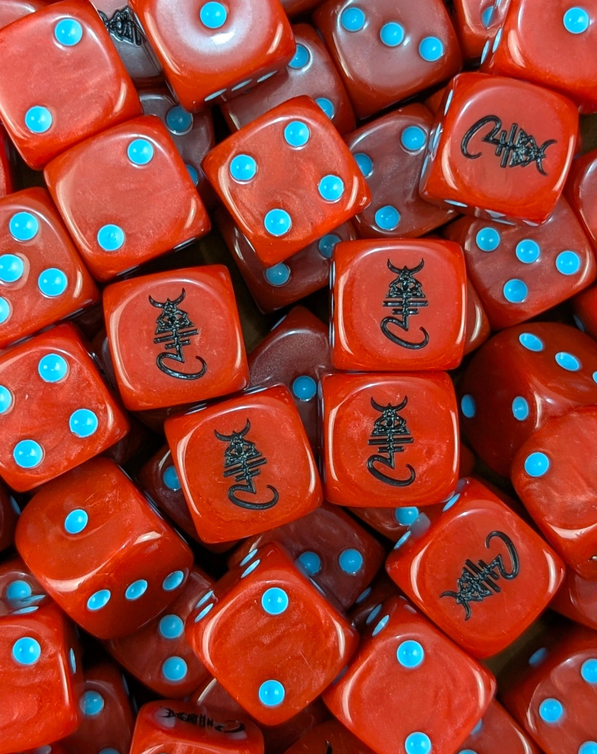Pile of red spirit rune 16mm D6 dice for a sci-fi space elf army