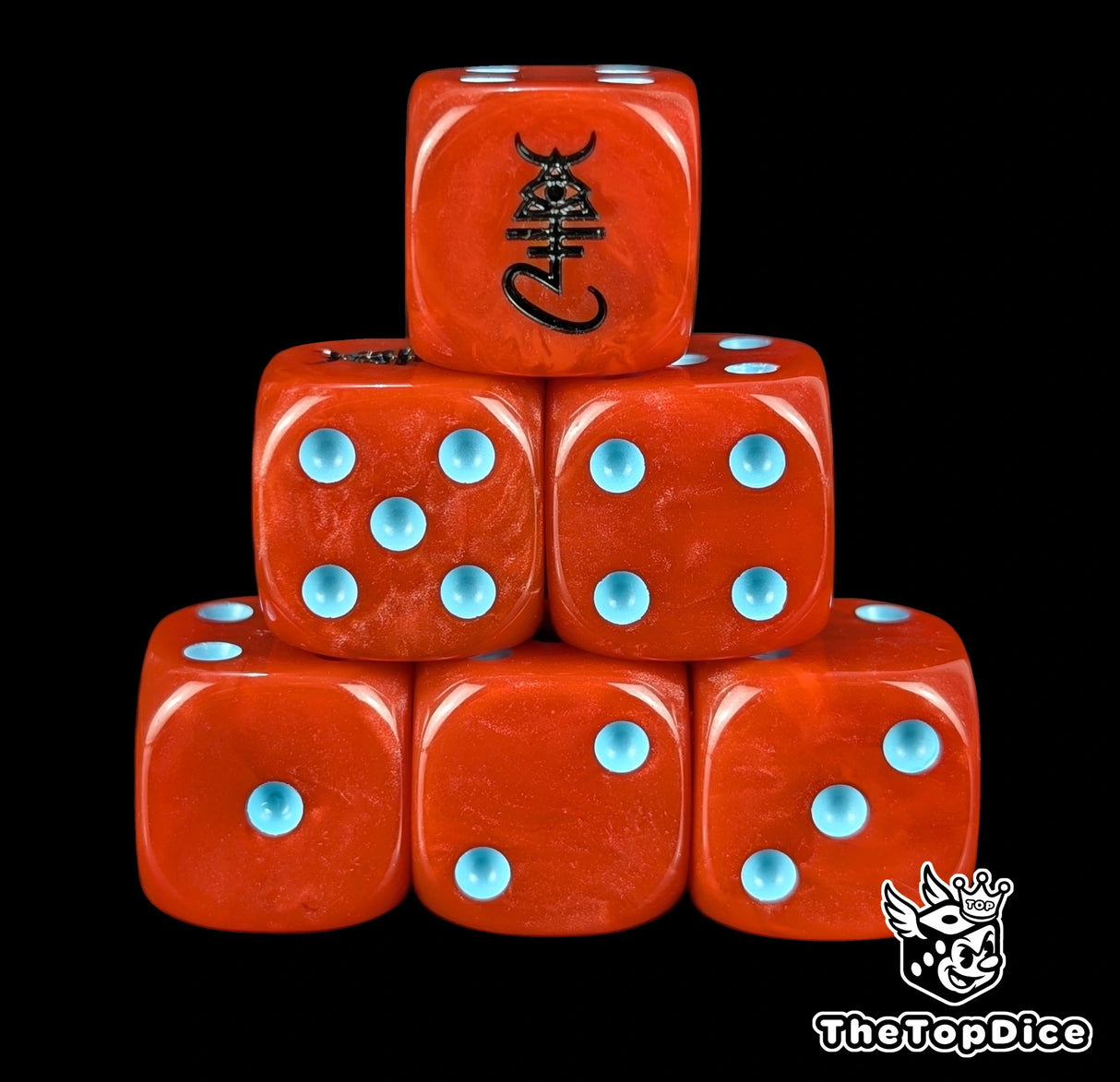 Red 16mm D6 dice with a black spirit rune emblem and blue pips for sci-fi wargaming