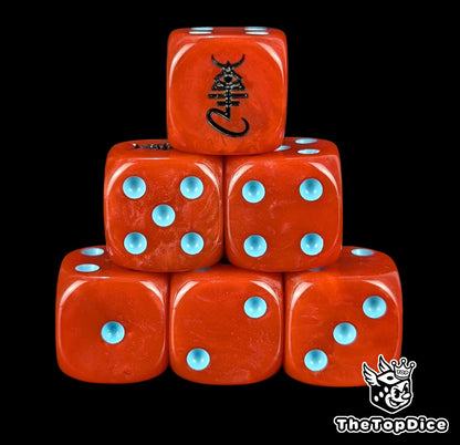 Red 16mm D6 dice with a black spirit rune emblem and blue pips for sci-fi wargaming