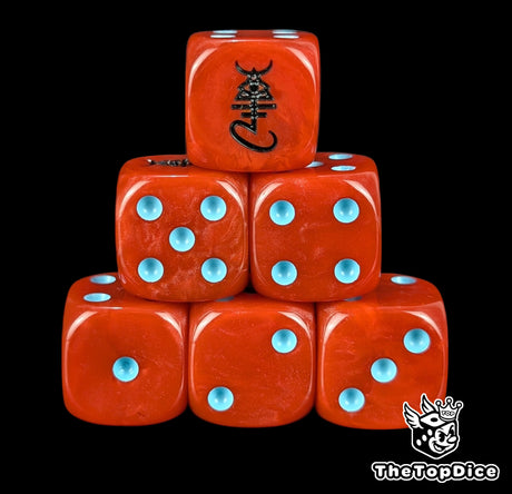 Red 16mm D6 dice with a black spirit rune emblem and blue pips for sci-fi wargaming