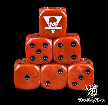 Red 16mm D6 dice with a white squad sigil emblem and black pips for sci-fi wargaming