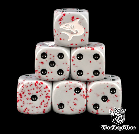 Six blood flecked grey Carcharodons D6 stacked with a white shark