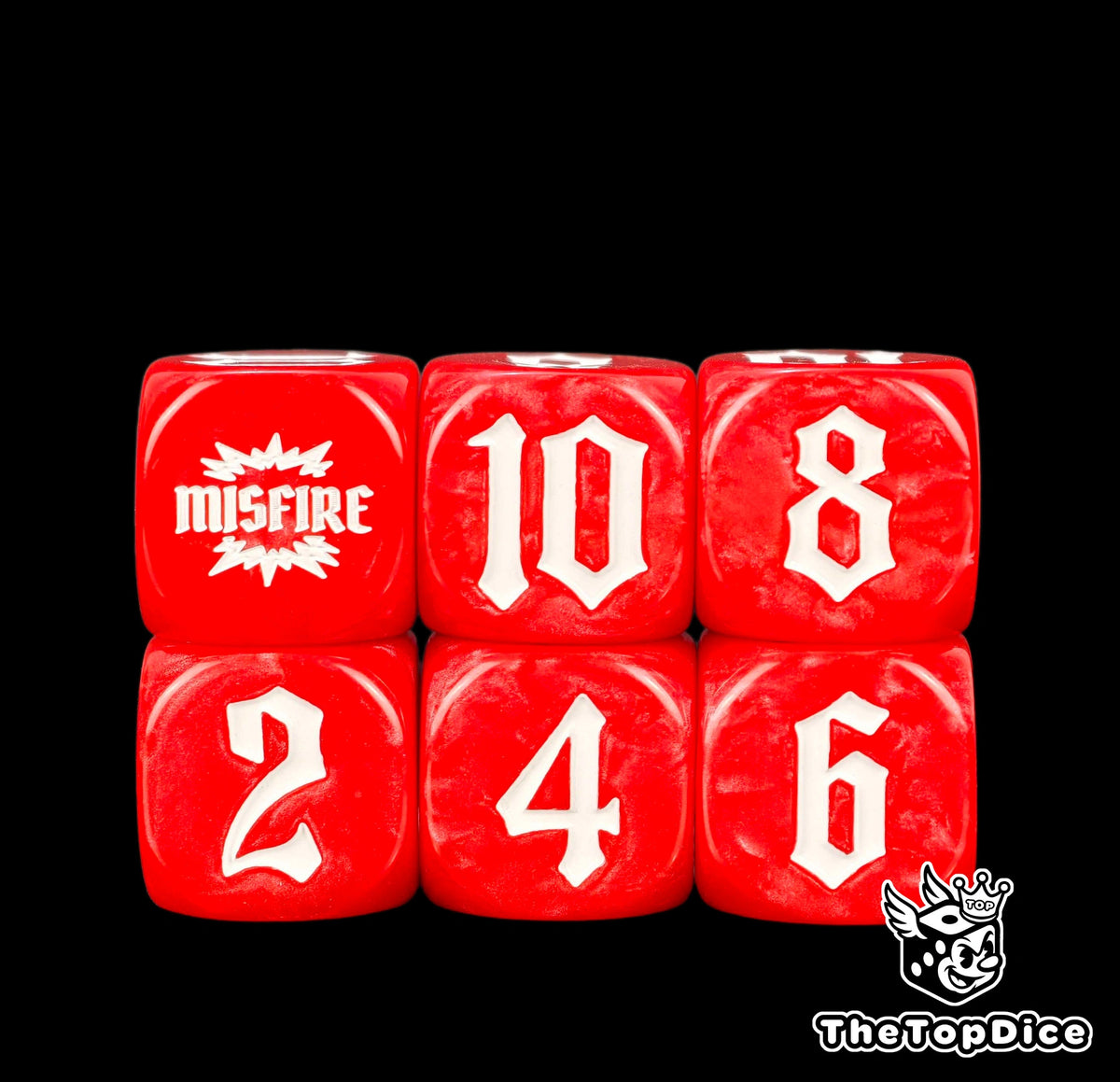 All six faces of the red artillery die laid out: 2, 4, 6, 8, 10 and MISFIRE