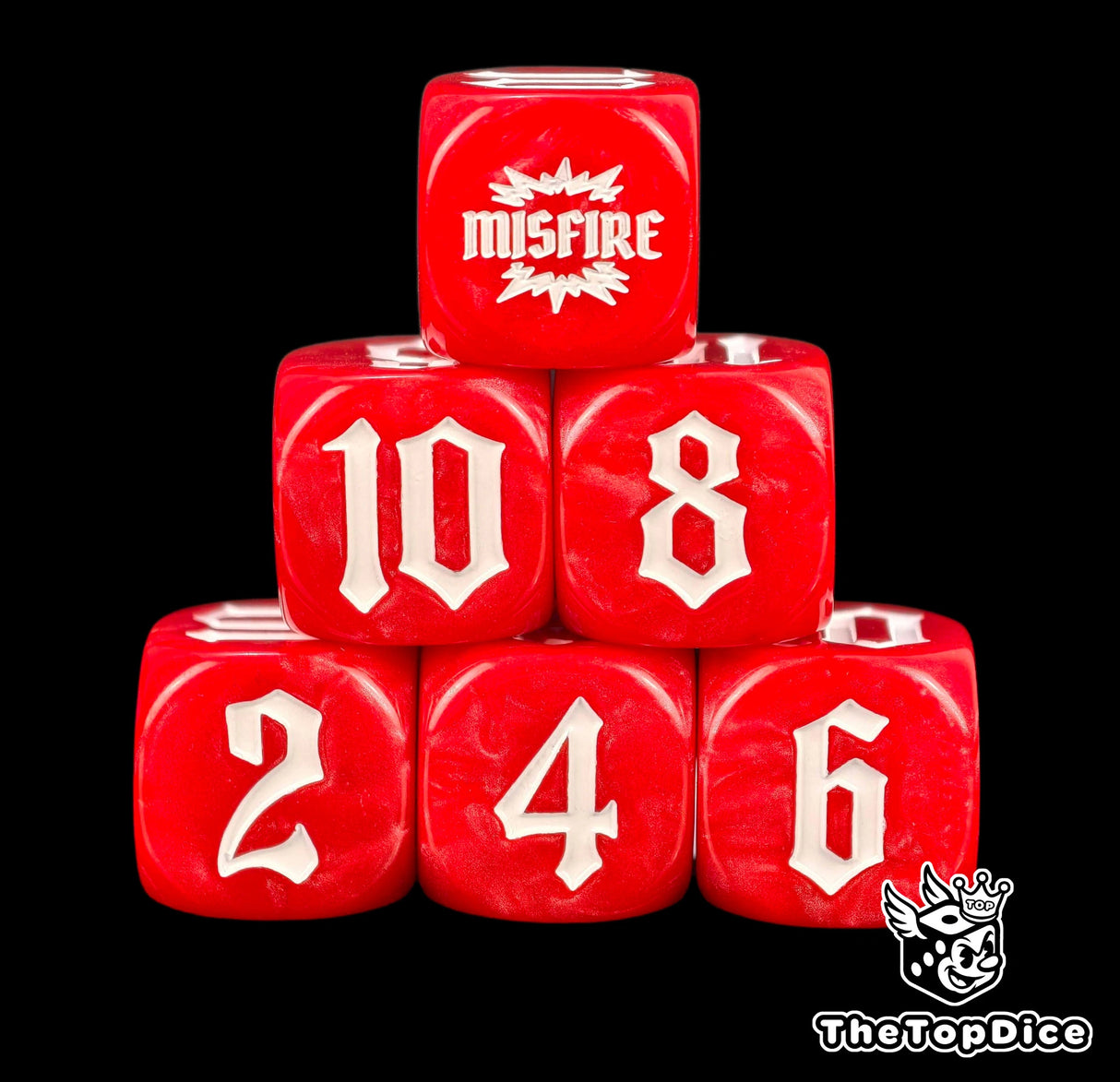 Six red artillery dice in a pyramid, 2, 4 and 6 along the bottom and MISFIRE on top