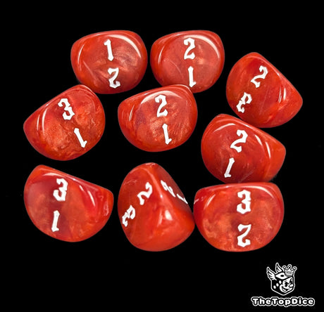 Red 16mm D3 dice with white numbers 1 to 3 for tabletop and wargames