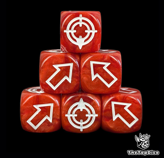 Red and white scatter dice with engraved arrow for wargames