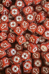 Pile of red scatter dice for tabletop battles