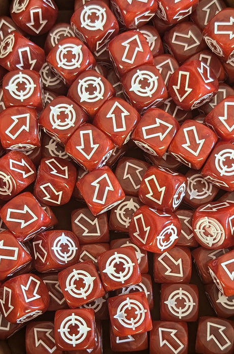 Pile of red scatter dice for tabletop battles