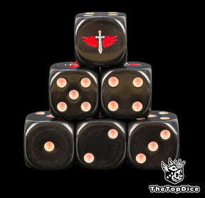 Six black Ravenwing dice stacked, silver winged sword with red wings above bone pips