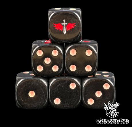 Six black Ravenwing dice stacked, silver winged sword with red wings above bone pips
